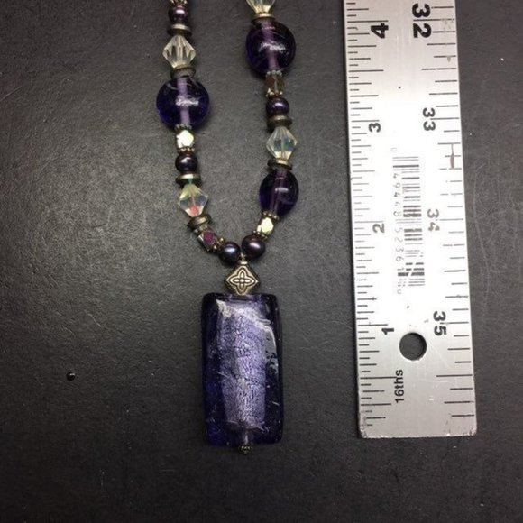 Purple Pendant Necklace Iridescent Toggle Silver Clear Faceted Retro Boho Glam - Picture 7 of 8